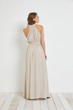 Load image into Gallery viewer, ecru shirred waist tie overlap halter dress - alwaysspecialgifts.com