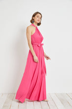 Load image into Gallery viewer, hot pink shirred waist tie overlap halter dress - alwaysspecialgifts.com