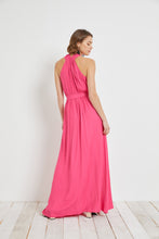 Load image into Gallery viewer, hot pink shirred waist tie overlap halter dress - alwaysspecialgifts.com