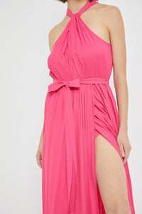 hot pink shirred waist tie overlap halter dress - alwaysspecialgifts.com