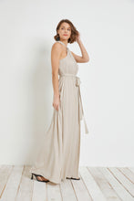 Load image into Gallery viewer, ecru shirred waist tie overlap halter dress - alwaysspecialgifts.com