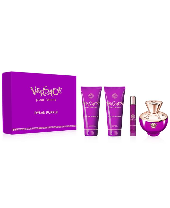 versace dylan purple 4pcs gift set eau de parfum 3.4oz , eau de parfum .033 , body lotion 3.4oz , shower gel 3.4oz - alwaysspecialgifts.com