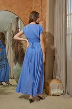 Load image into Gallery viewer, orchid blue waist smocked wrapped dress - alwaysspecialgifts.com