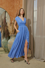 Load image into Gallery viewer, orchid blue waist smocked wrapped dress - alwaysspecialgifts.com