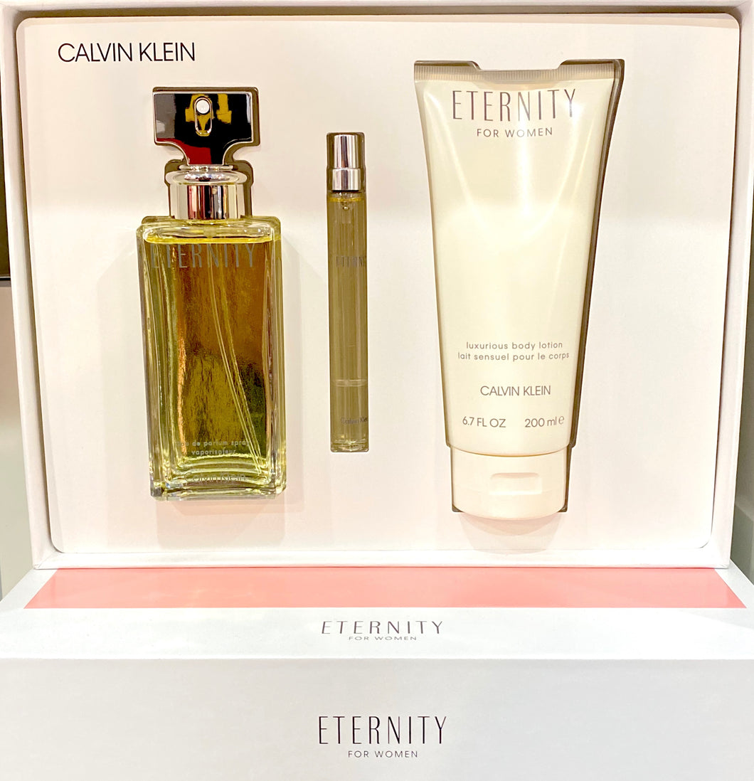 eternity calvin klein gift set 3 pcs eau de parfum 3.4oz for womens - alwaysspecialgfts.com