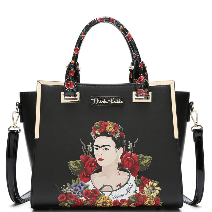 frida kahlo flower handbag theme 2 way wing satchel black - alwaysspecialgifts.com