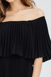 black off shoulders pleated maxi dress with elastic waist - alwaysspecialgifts.com