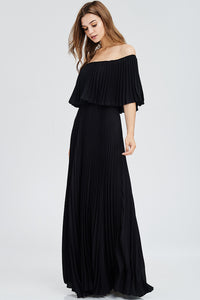 black off shoulders pleated maxi dress with elastic waist - alwaysspecialgifts.com