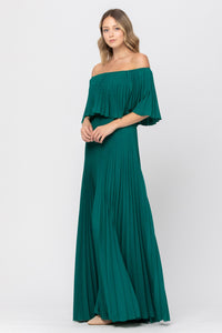 emerald off shoulder pleated maxi dress with elastic waist - alwaysspecialgifts.com