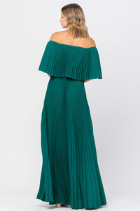 emerald off shoulder pleated maxi dress with elastic waist - alwaysspecialgifts.com