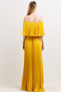 mustard off shoulder pleated maxi dress with elastic waist - alwaysspecialgifts.com