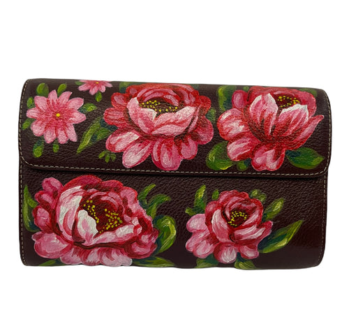 pink flowers handpainted brown leather bag - alwaysspecialgifts.com