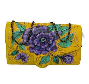 violet florwer handpainted yellow leather bag - alwaysspecialgifts.com