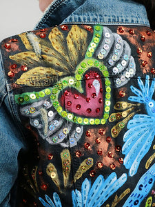 hearts & birds hand painted beaded denim jacket xl - alwaysspecialgifts.com