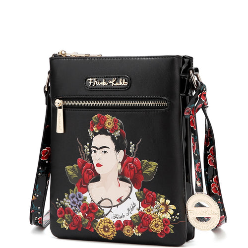 authentic frida kahlo floral series compartment cross body black